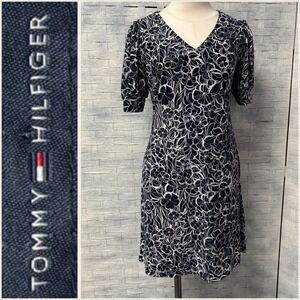 Tommy Hilfiger Womens Navy Floral Short Sleeve Knee Length Dress 6 Casual